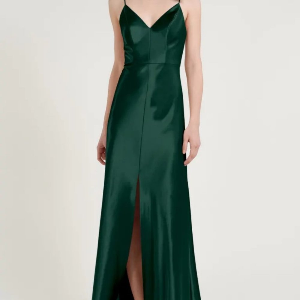 Jenny Yoo Dina Emerald V Neck Satin Crepe Dress